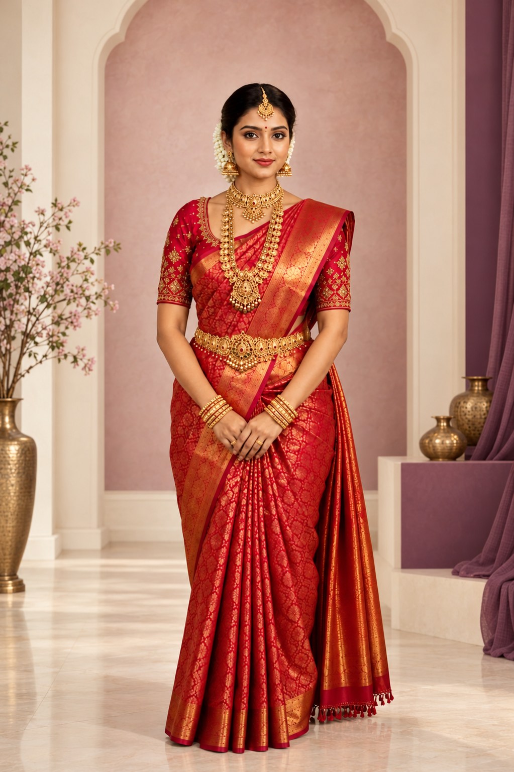 Elegant red and gold saree draping with carefully arranged pleats