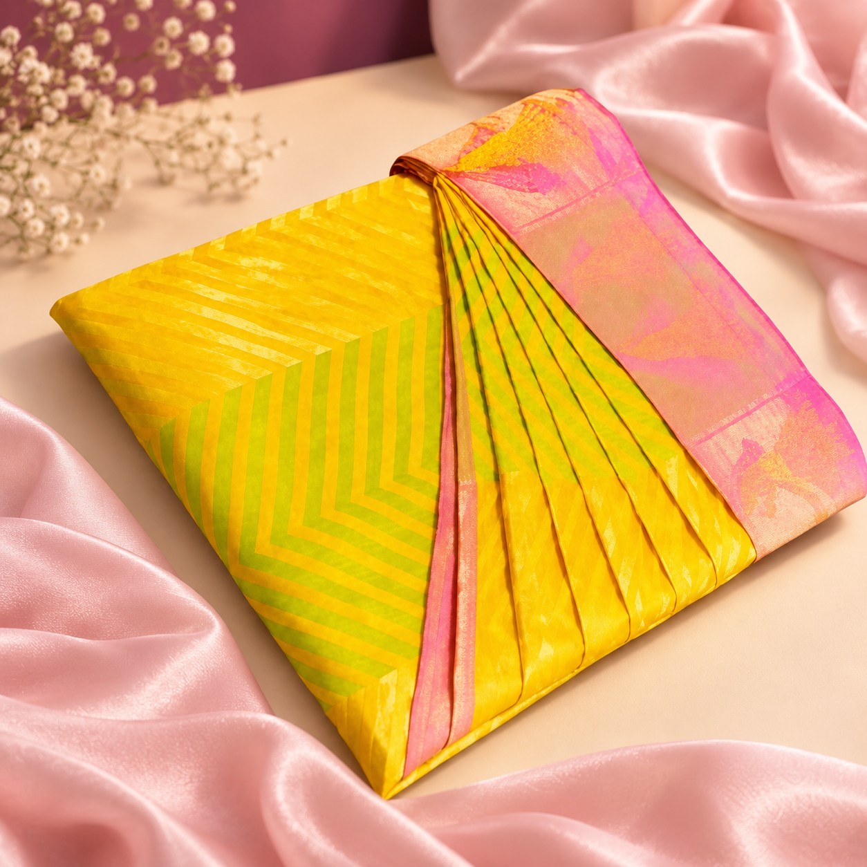 Yellow silk saree neatly pre-pleated with a pink and gold border